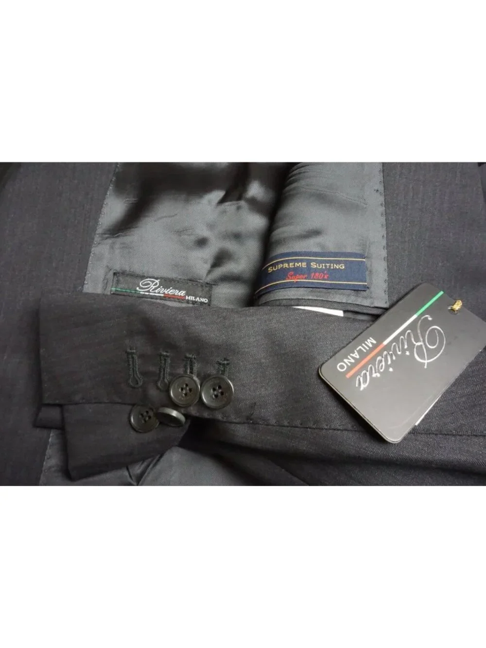Riviera Milano Gray Herringbone S180s Wool 2 Pc Suit Jacket Pant 48R Brand New